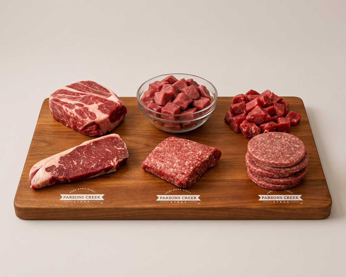 Build-your-own bundle: assorted raw beef cuts on wooden board, includes Parsons Creek labels