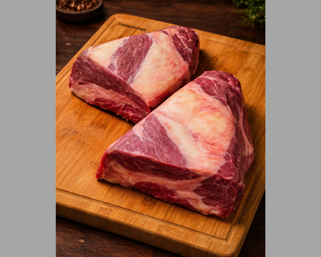 Raw beef brisket cuts on wooden cutting board