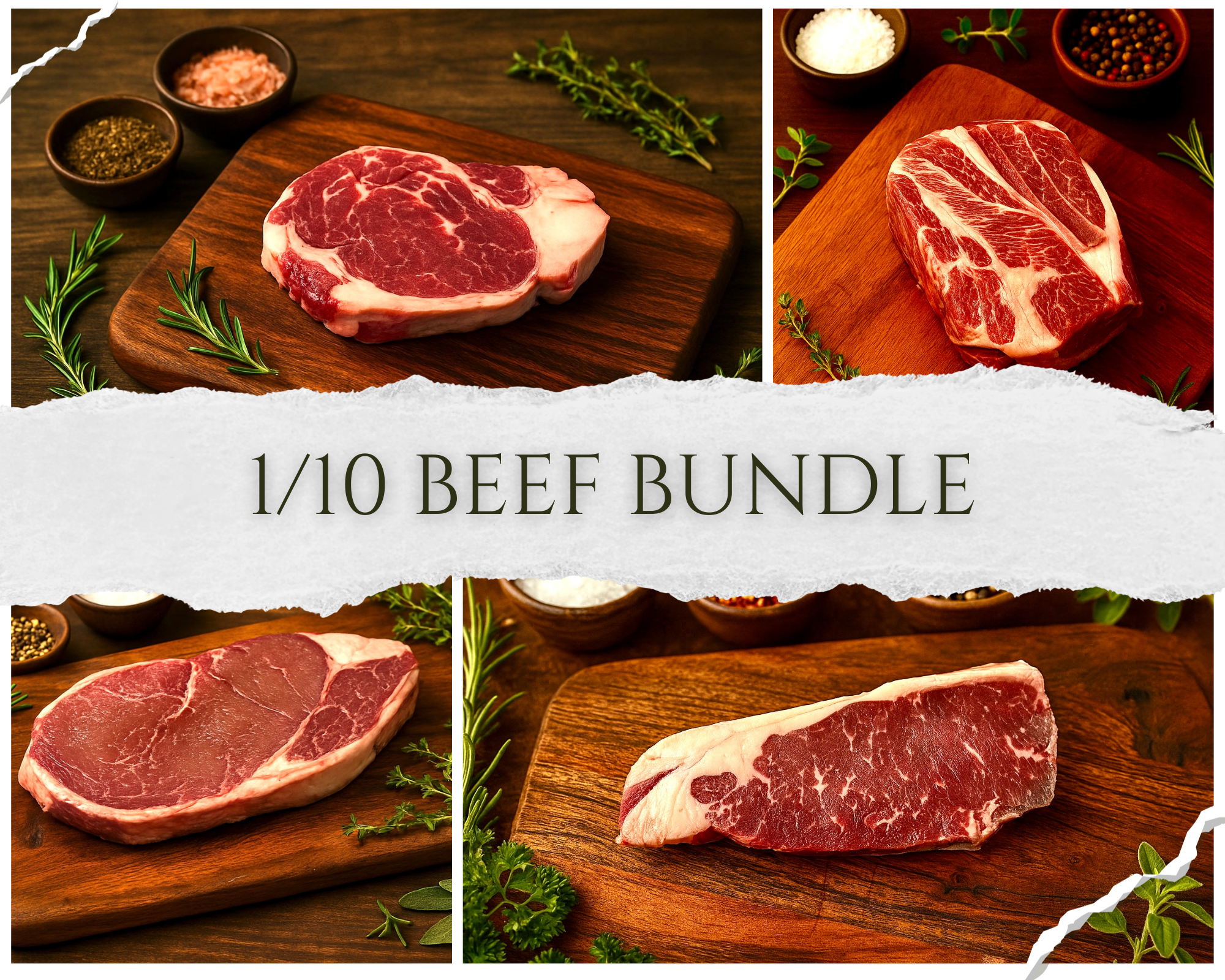 Beef bundle with marbled raw steak cuts on wooden boards