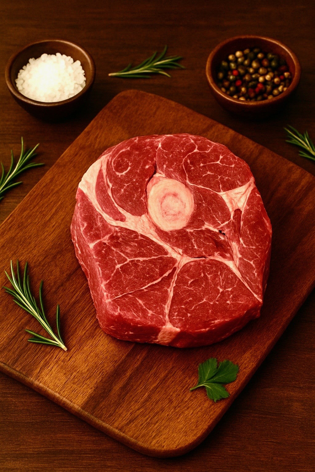 Raw arm roast beef on wooden cutting board