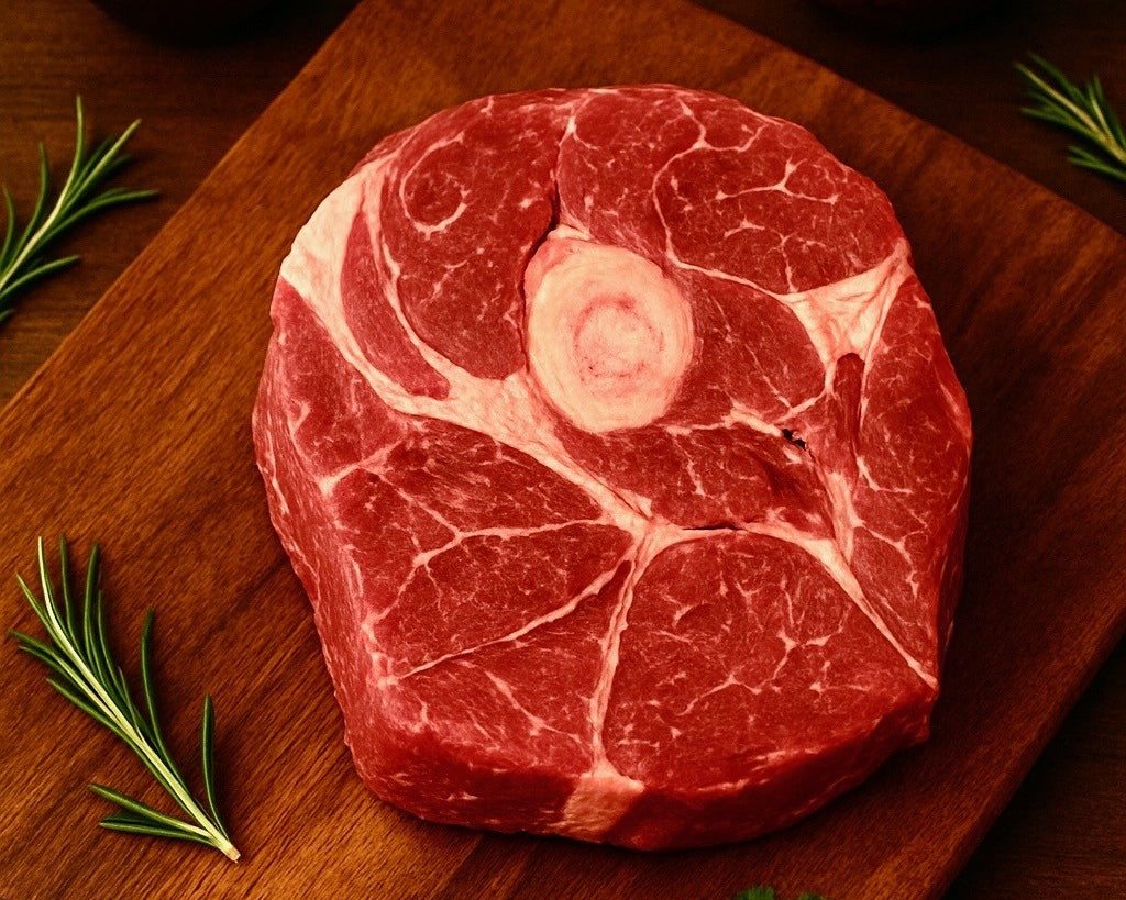 Raw arm roast beef on wooden cutting board