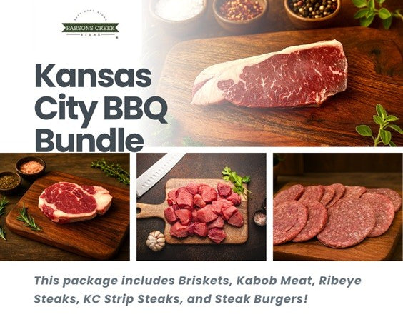 Kansas City BBQ bundle: beef assortment with steaks, cubes, and sliced cuts on boards