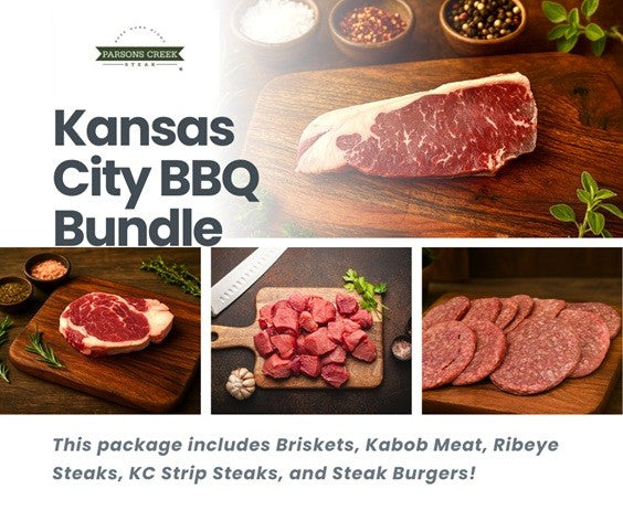 Kansas City BBQ bundle: beef assortment with steaks, cubes, and sliced cuts on boards