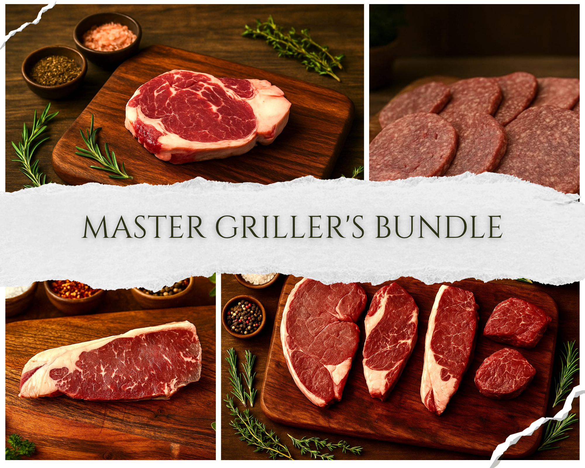 Griller's bundle of assorted raw steak cuts on wooden boards