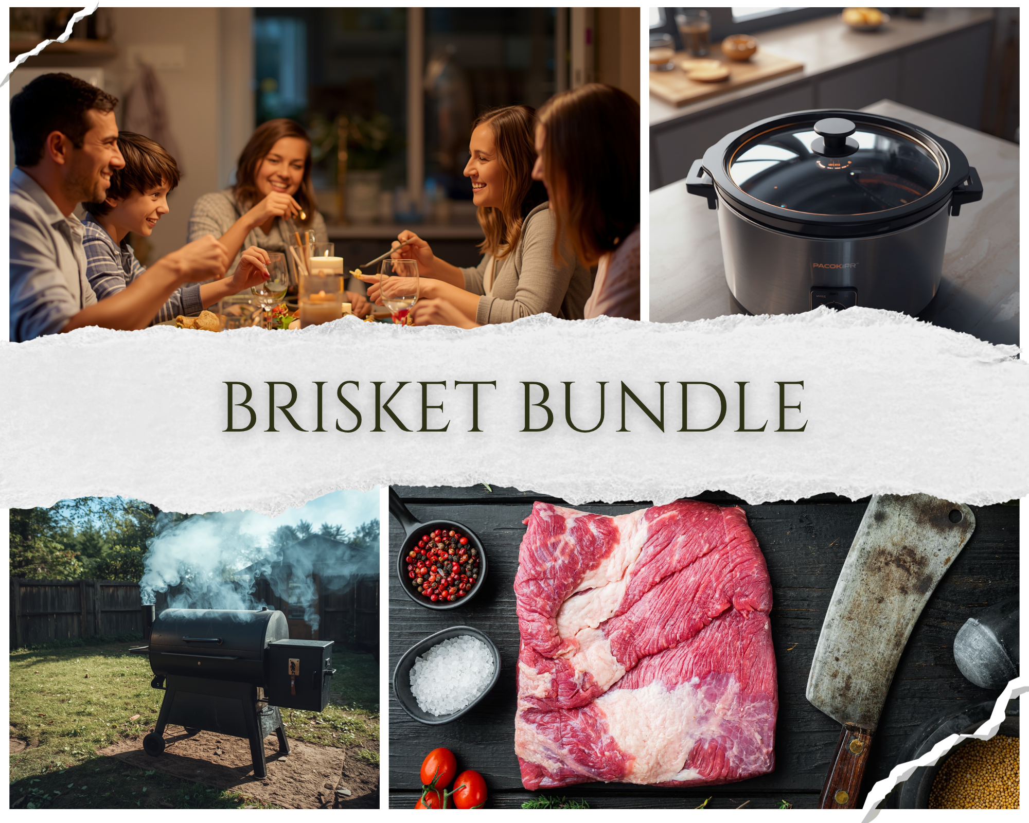 Brisket bundle with raw beef brisket, seasoning bowls, and BBQ grill
