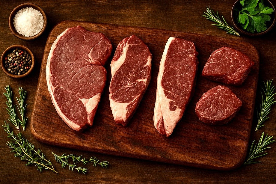 Assorted raw beef steaks and chops on a wooden cutting board