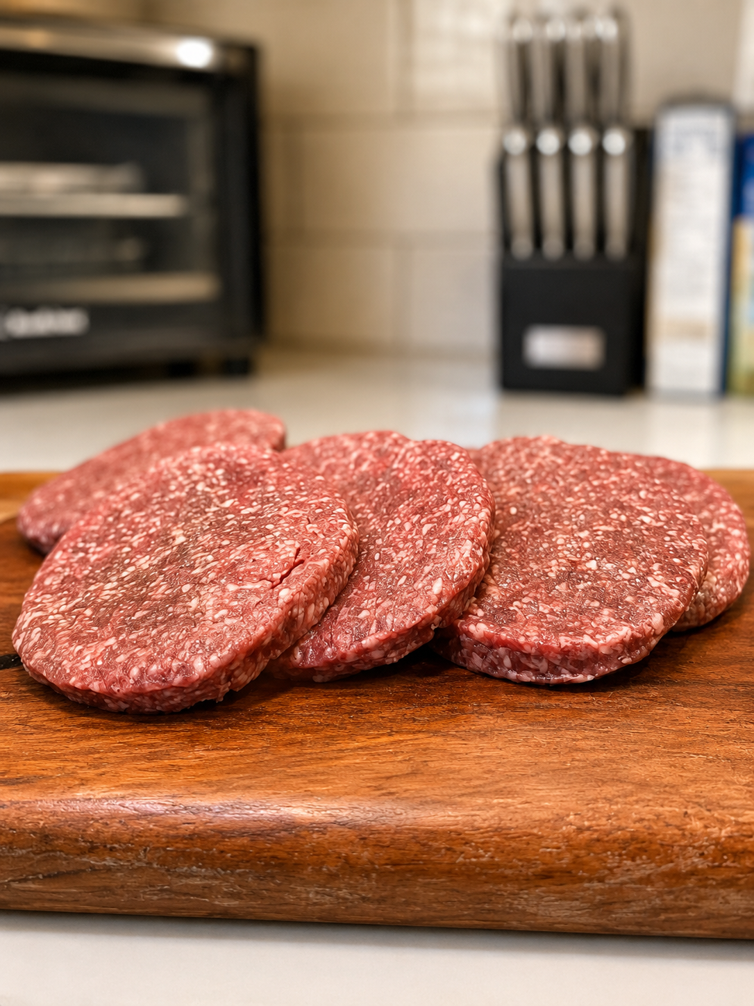 Three raw steak burger patties, round and pink with visible seasoning, on a wooden board