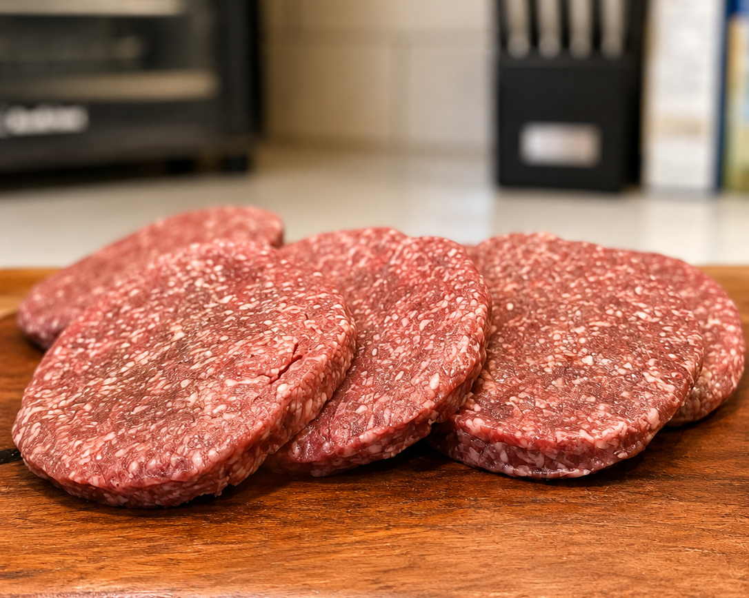 Three raw steak burger patties, round and pink with visible seasoning, on a wooden board