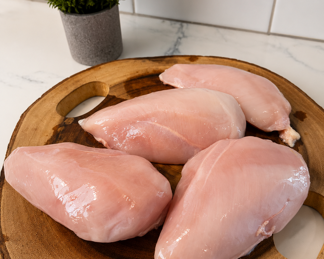 Raw boneless skinless chicken breasts on wooden cutting board