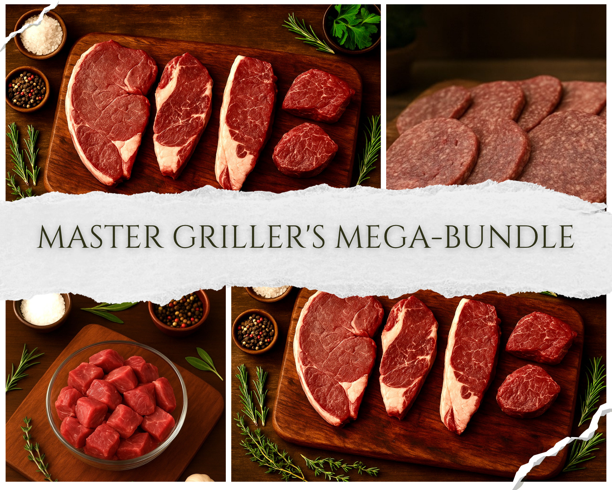 Assorted raw beef cuts and cubes on a wooden board for grilling