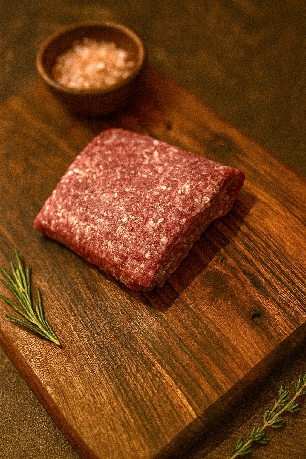 Raw ground beef loaf on wooden cutting board with herb sprig