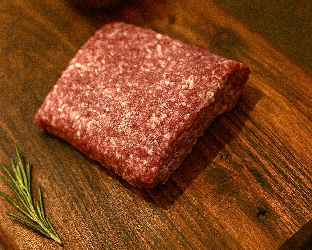 Raw ground beef loaf on wooden cutting board with herb sprig