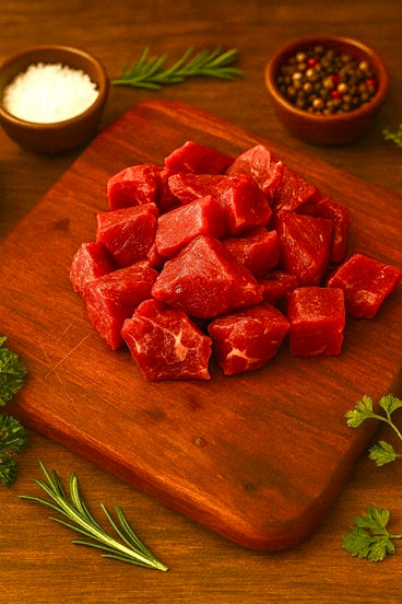 Beef stew meat, raw red cubed chunks on wooden cutting board