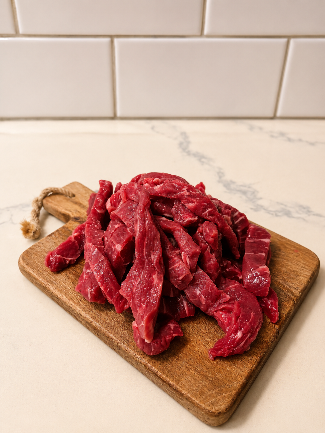 Fajita meat strips on a wooden board with butcher twine, raw red