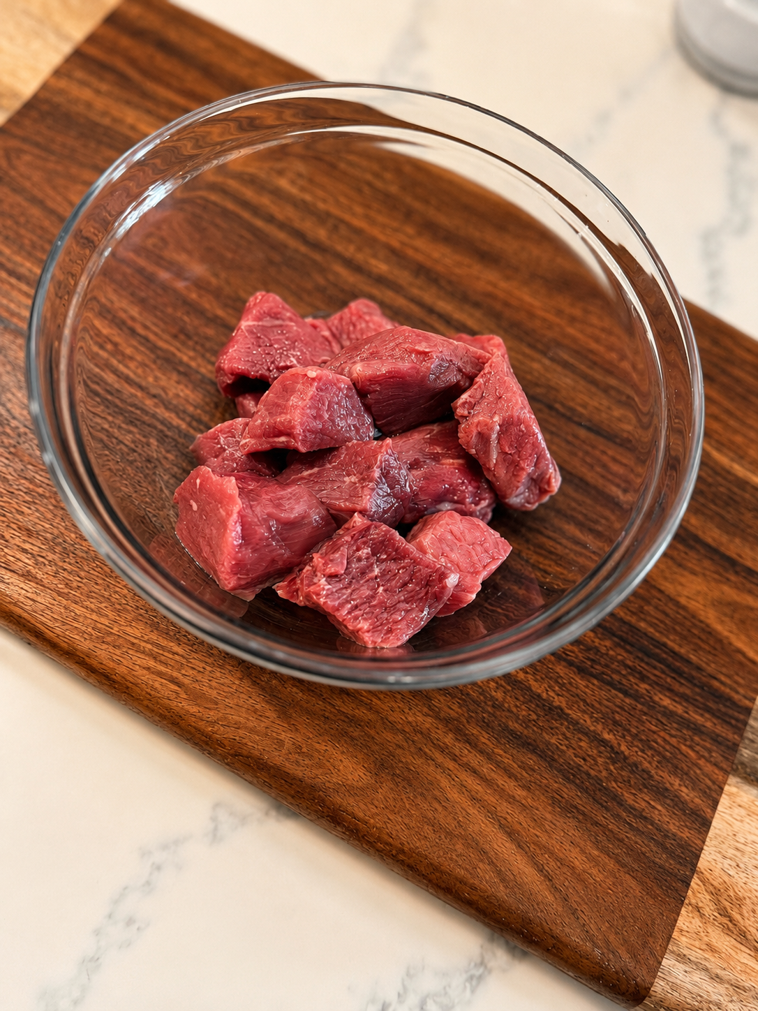 Beef kabob meat: bowl of raw beef cubes
