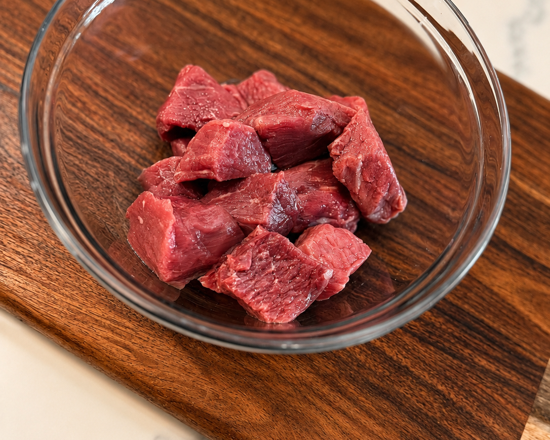 Beef kabob meat: bowl of raw beef cubes