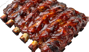 Sauced pork spare ribs with glossy dark glaze, bone-in cuts