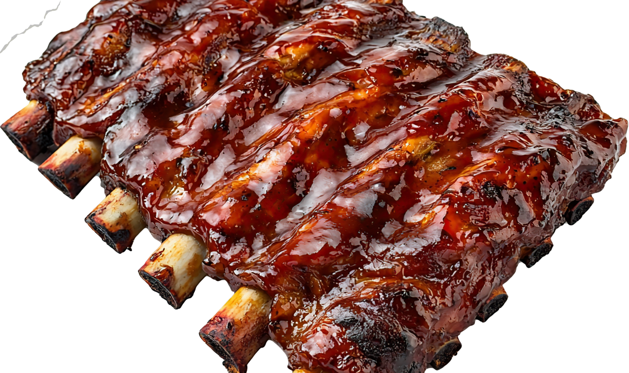 Sauced pork spare ribs with glossy dark glaze, bone-in cuts