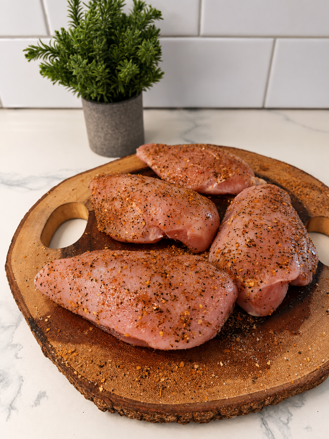 Seasoned boneless skinless chicken breast fillets on wooden cutting board