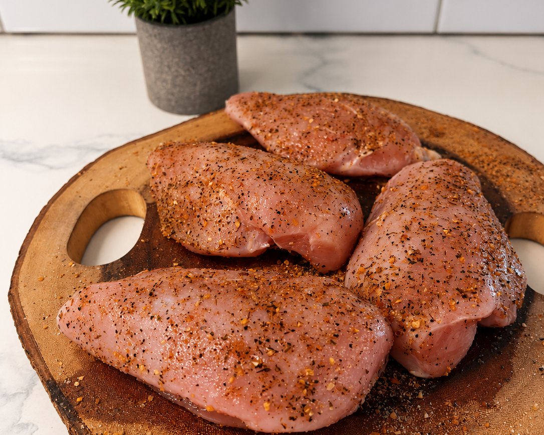 Seasoned boneless skinless chicken breast fillets on wooden cutting board